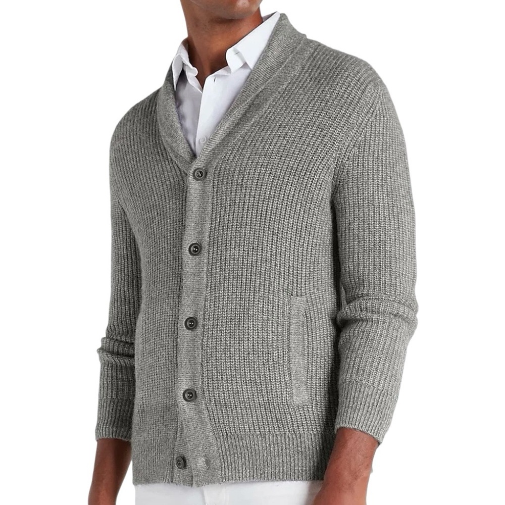 Express Men’s Shawl Collar Button Front Grey Cardigan Size Large Grandpa Preppy
